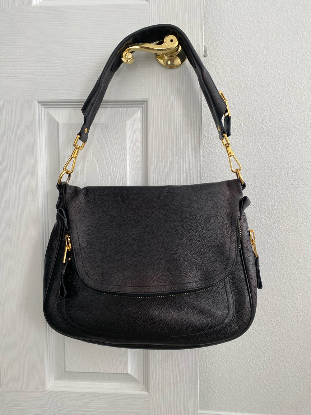 Tom Ford Large Jennifer Black Leather Shoulder Bag with Gold Hardware